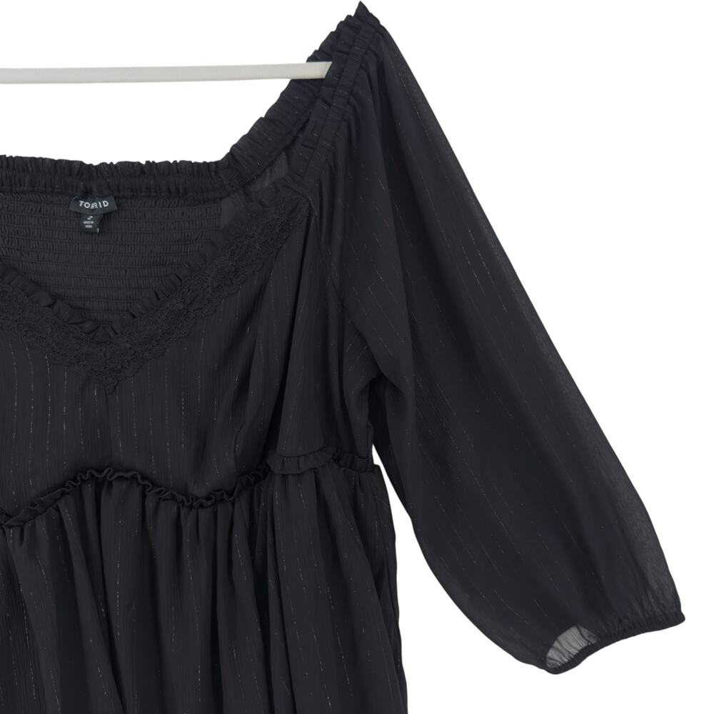 Torrid Babydoll Top Womens Size 2 Black Silver Stripes Puff Sleeve Whimsigoth - Picture 3 of 9